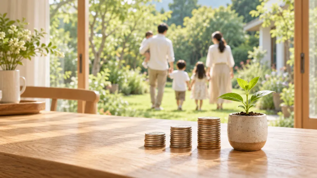 木のテーブルに積み重ねたコインと鉢植えの若芽。背景に家族5人の後ろ姿を配したAI生成イメージ。実際の家族写真ではありません。
